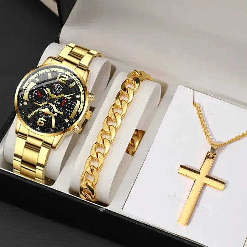 5PCS Set DEYROS Fashion Mens Calendar Watches Men Business Stainless Steel Quartz Wristwatch Male Casual Necklace Bracelet Watch