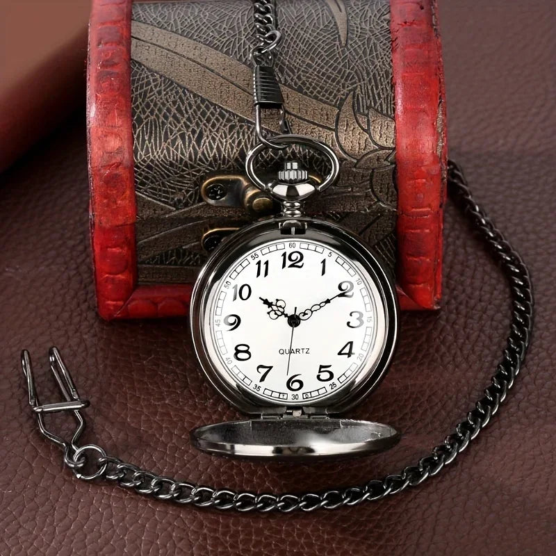 Best Gift To My Son 1pc Black Unique Quartz Pocket Fob Watch Necklace Chain Pendant Antique Birthday Present Clock reloj hombre