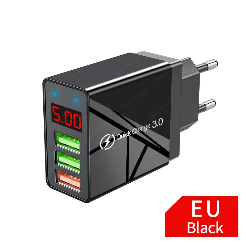 USB Fast Charger 3 Port With LED Display Phone Adapter For iPhone Samsung Xiaomi Huawei Quick Charge 3.0 EU/US Plug Wall Charger
