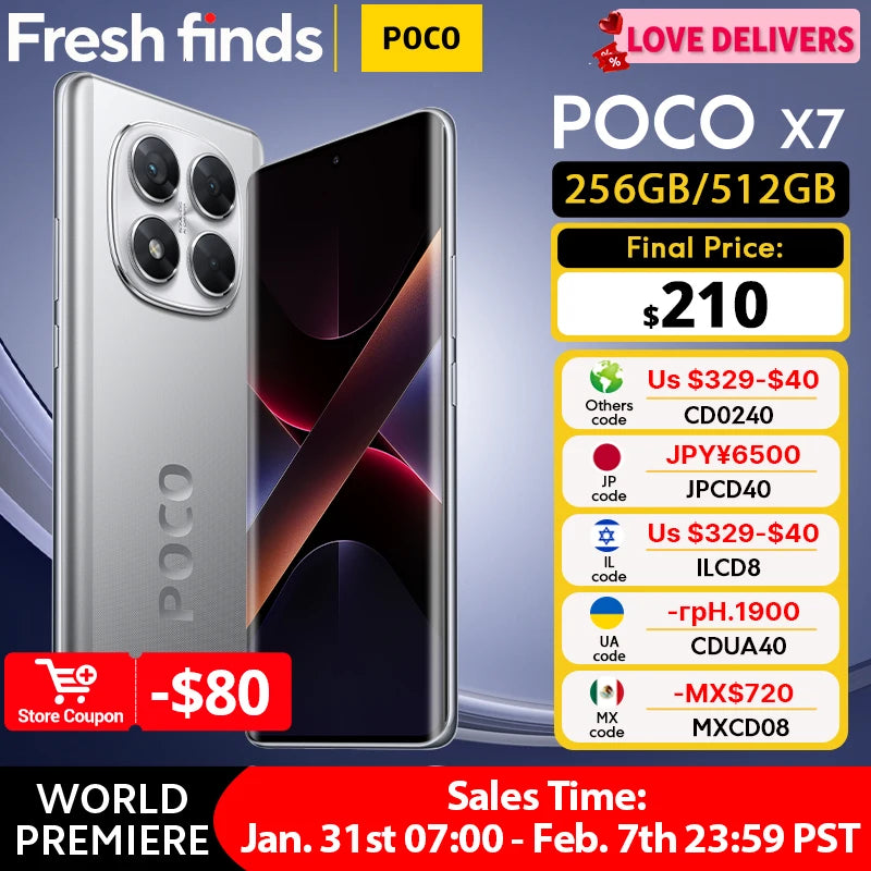 POCO X7 5G Global Version Smartphone 256GB 512GB Dimensity 7300-Ultra 6.67" 1.5K AMOLED Curved Display 5110mAh NFC 45W Charging