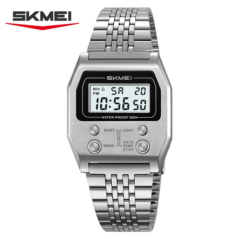 SKMEI 2460 Men's Sports Waterproof Digital Watch Stainless Steel Luxury Retro LED AlarmClock Men's Electronic Watch reloj hombre