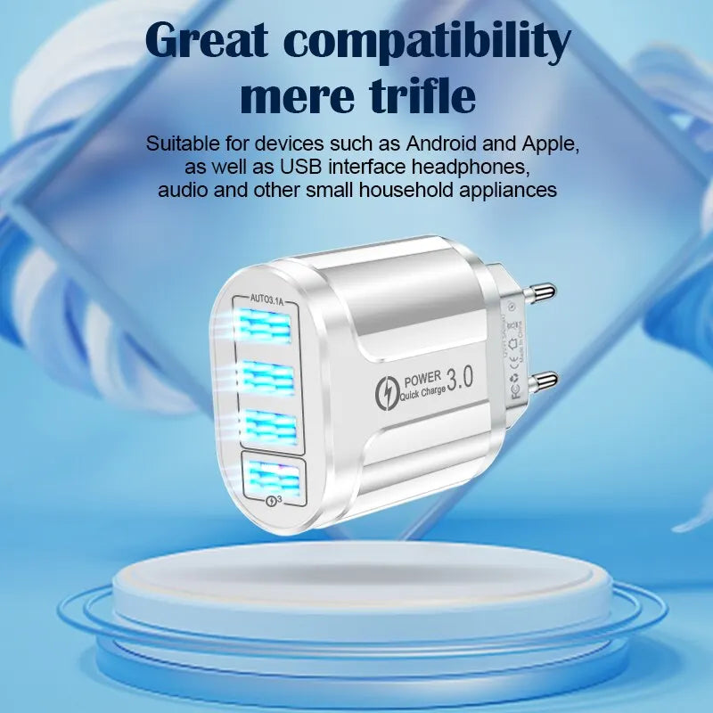 4 Ports 38W USB Charger USB A Charger US/EU Plug Fast Charging Quick Charge 3.0 Mobile Phone Wall Chargers For iPhone Samsung