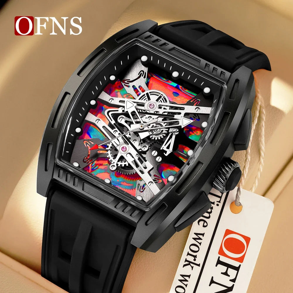 OFNS1209 Luxury Men Quartz Watch Silicone Strap Hollow Watches Mens Waterproof Sports Wristwatches Relogio Masculino