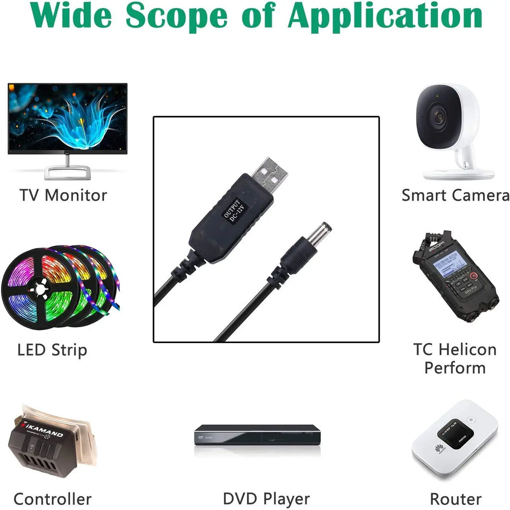 5.5*2.1mm WiFi to Powerbank Cable Connector DC 5V to 12V USB Cable Boost Converter Step-up Cord for Wifi Router Modem Fan