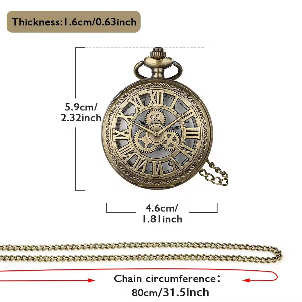 Antique Steampunk Bronze Hollow Gear Movement Quartz Pocket Watch Pendant Gift With Chain Boys Men