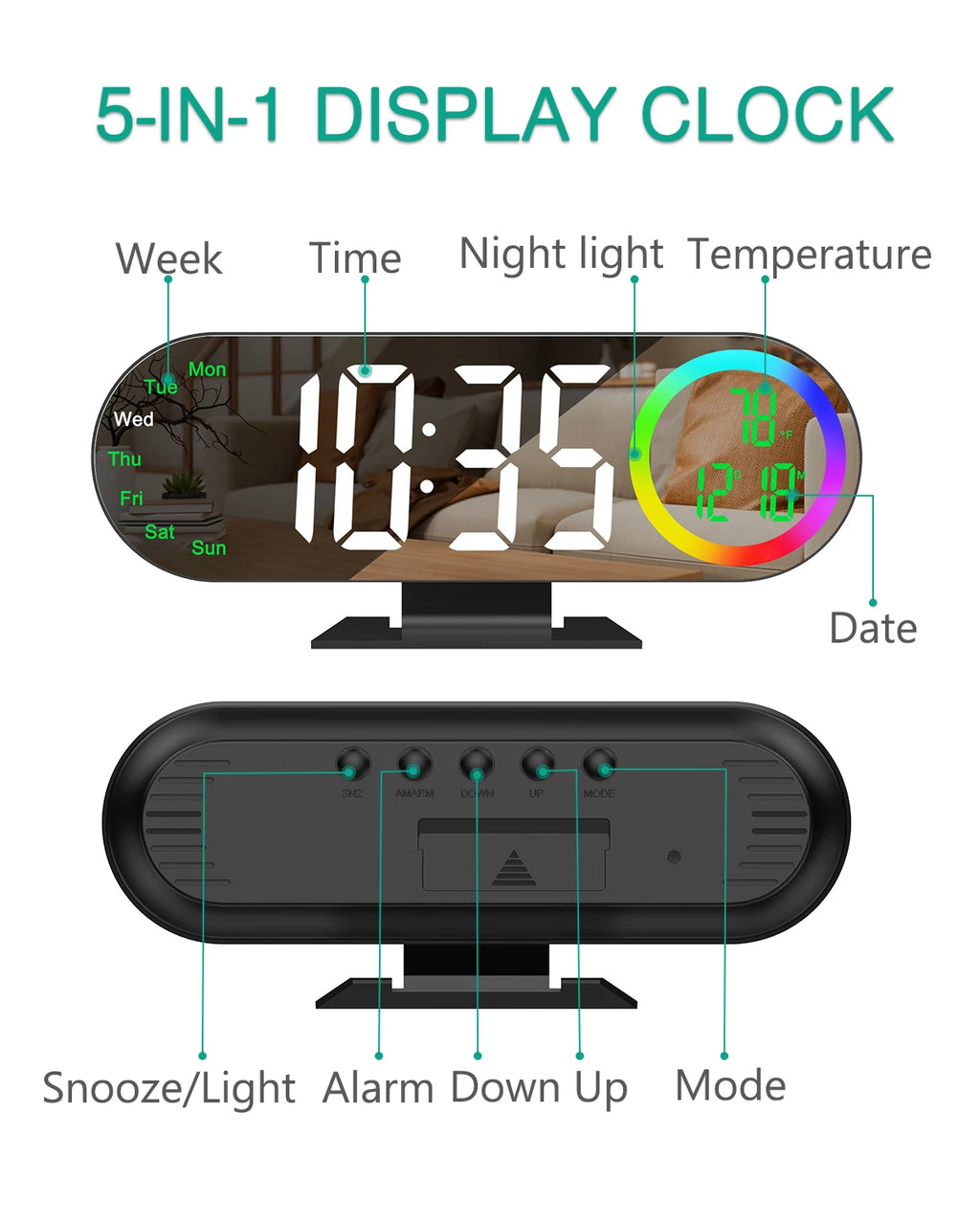 ORIA LED Mirror Clock 8.5" Alarm Clock with 16 Color RGB Light USB Powered Table Clock Temp Week Display For Home Bedroom Office