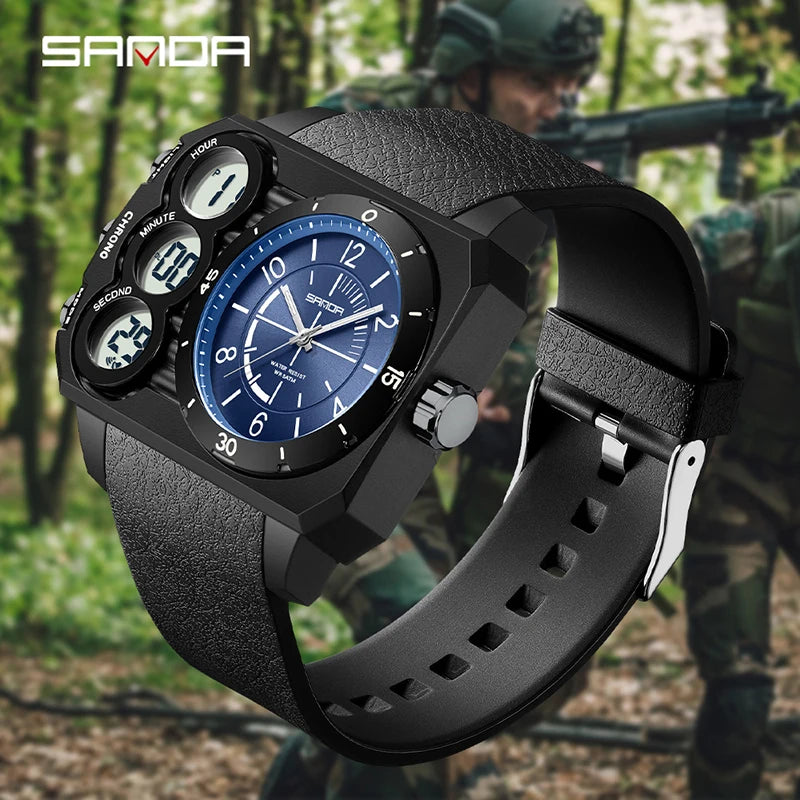 SANDA Fashion Men's Dual Display Electronic Watch Sports Multifunctional Waterproof Night Light LED Men's Electronic Watch 6237