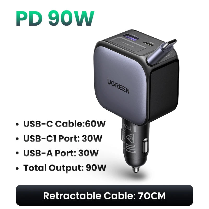 UGREEN 145W 90W 60W Car Charger 3 USB-C & 1 USB-A Ports PD QC4.0 Fast Charging with Retractable Cable for iPhone 17 Pro MacBook