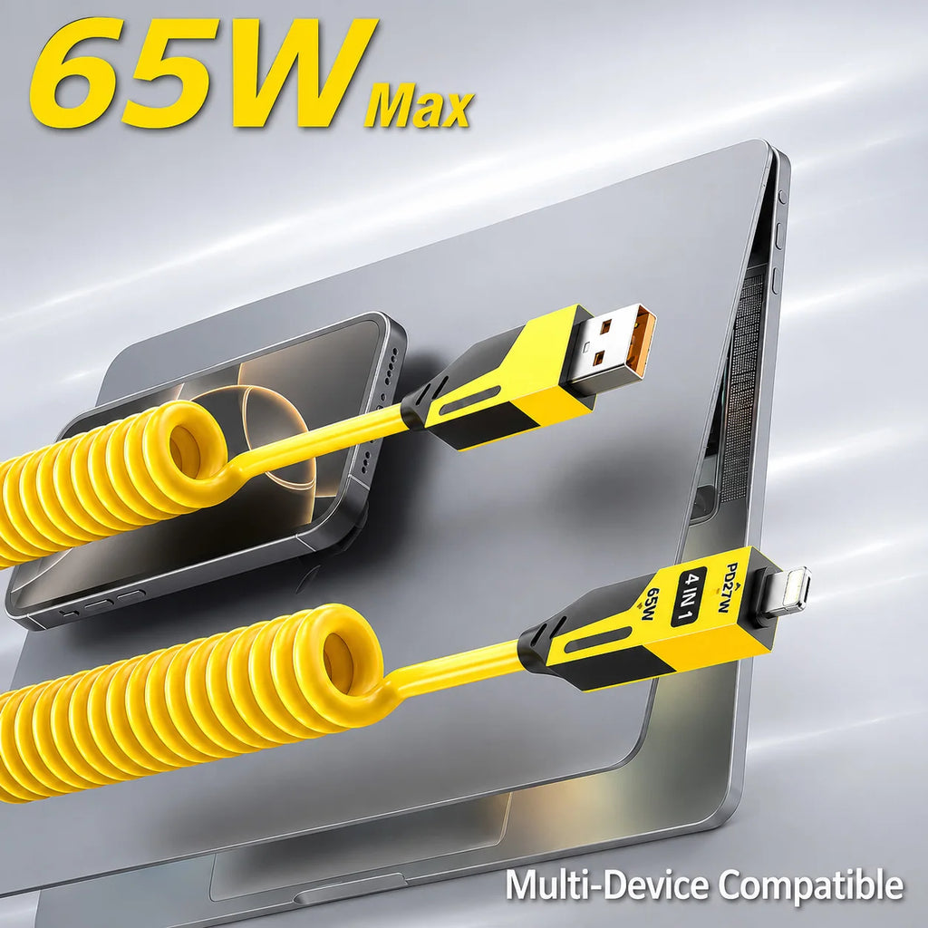 65W 4 in 1 Coiled USB C Car Fast Charging Cable, Type C iP Data Cable, Zinc Alloy Spring Cable for iPhone Samsung Xiaomi 1.5M