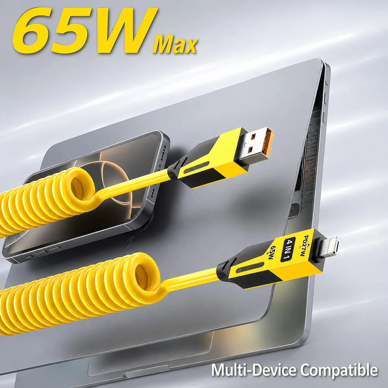 65W 4 in 1 Coiled USB C Car Fast Charging Cable, Type C iP Data Cable, Zinc Alloy Spring Cable for iPhone Samsung Xiaomi 1.5M