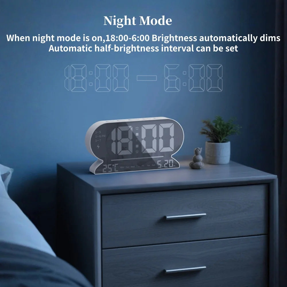 USB Powered Digital Alarm Clock TEMP Date Week 2 Alarm Night Mode Snooze Table Clock 3 Levels Brightness 12/24H LED Wall Clock