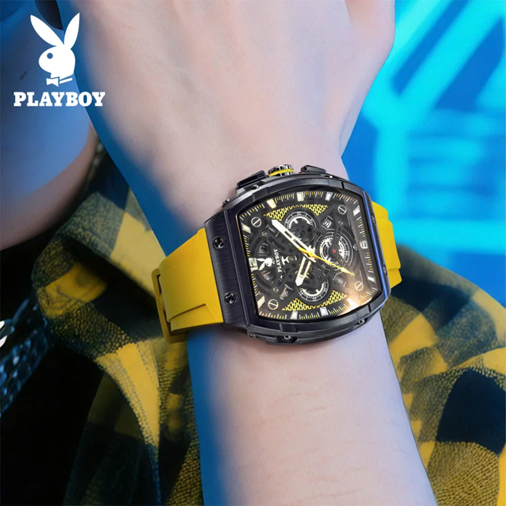 PLAYBOY Watches Man Waterproof Luminous Tonneau Skeleton Quartz Wristwatch Watches For Man Original Business Luxury 3087