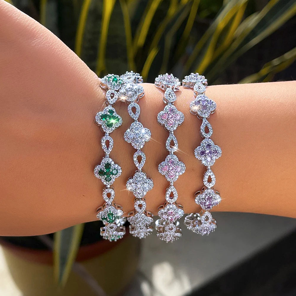 ThreeGraces Elegant Shiny Green Cubic Zirconia Flower Shape Bridal Wedding Party Link Chain Bracelet for Women Jewelry BR448