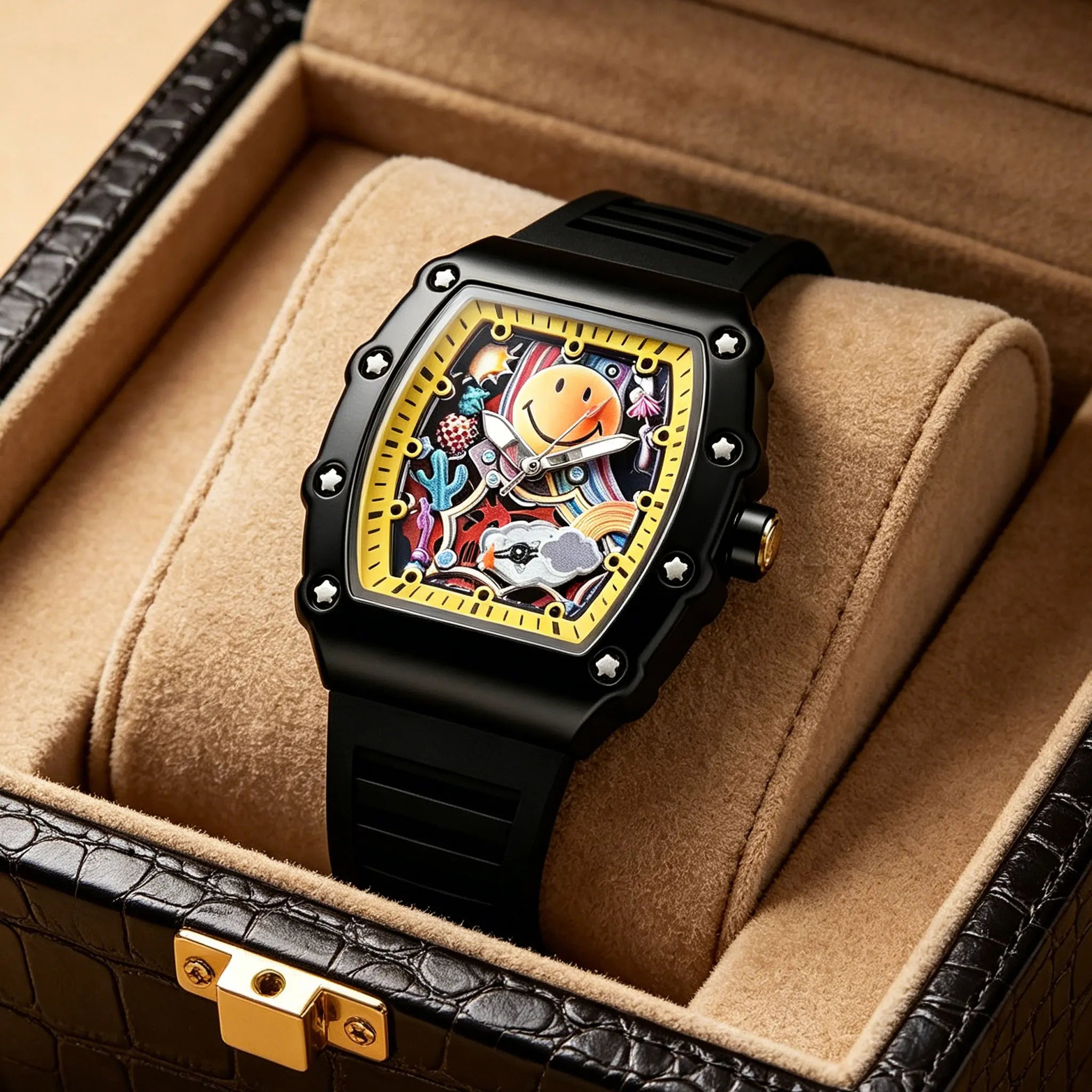 Hip Hop Smiley Face Graffiti Quartz Watch Unique Tonneau Case Colorful Dial Sport Silicone Band Casual Wristwatch for Men Women