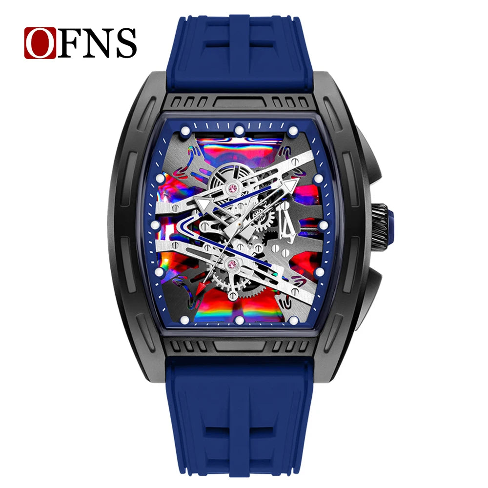OFNS1209 Luxury Men Quartz Watch Silicone Strap Hollow Watches Mens Waterproof Sports Wristwatches Relogio Masculino