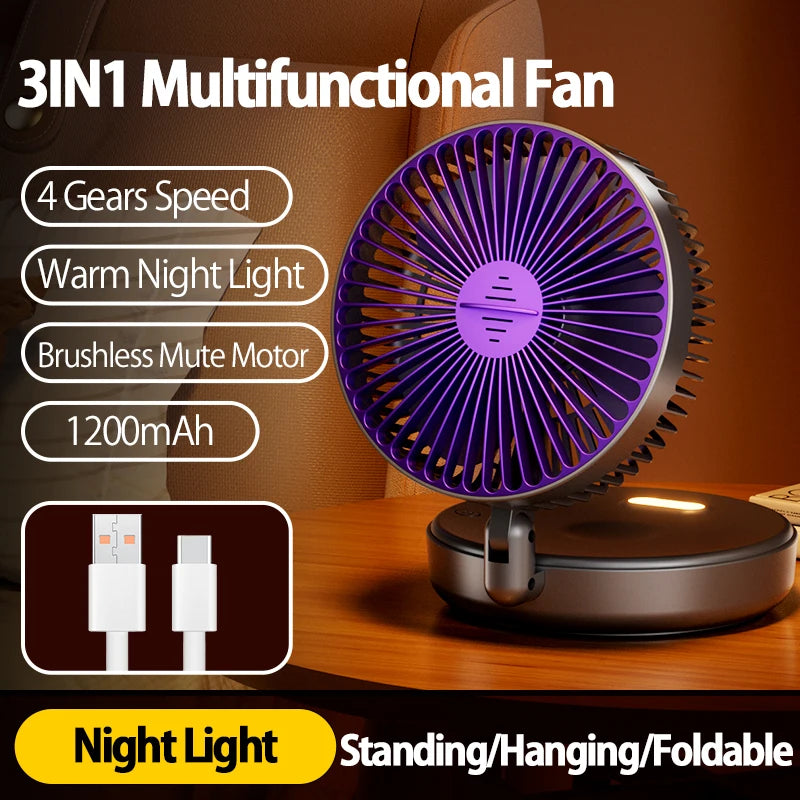 2024 New 5000mAh Rechargeable 3IN1 Multifunctional Portable Fan Wall Mounted Fan 90° Folding Fan 4 Gears With Warm Night Light