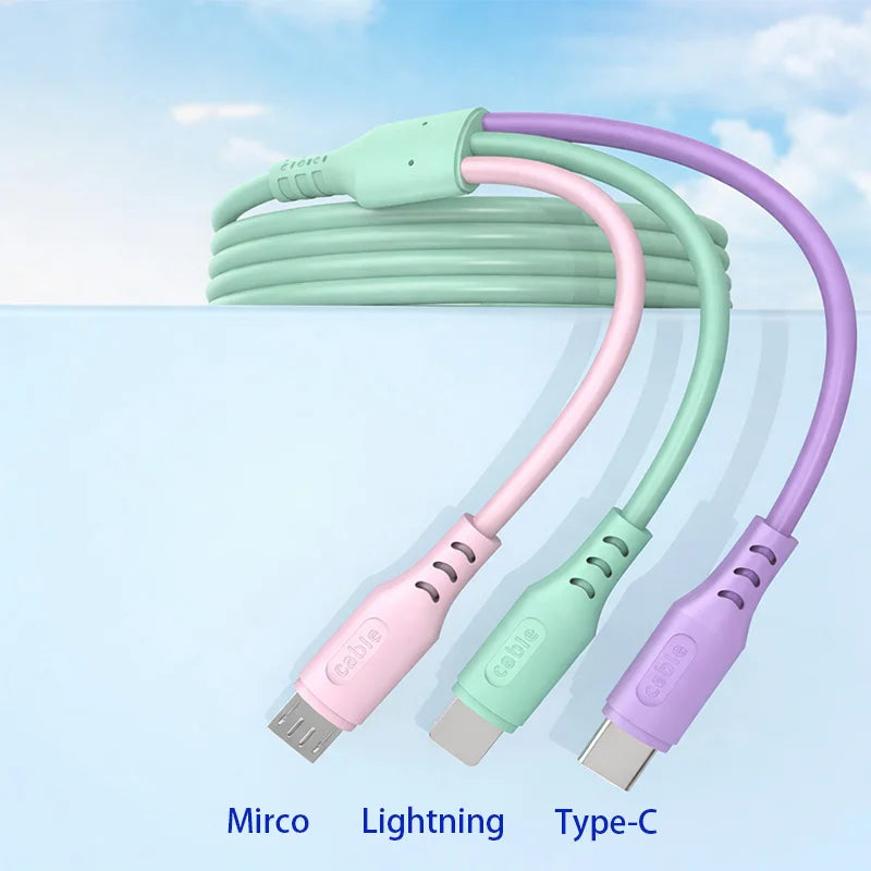 3-in-1 USB Cable 6A Fast Charging & Data Sync for iPhone, Xiaomi, Huawei, Vivo, Type-C, Micro Cord, High-Speed Charger Cable
