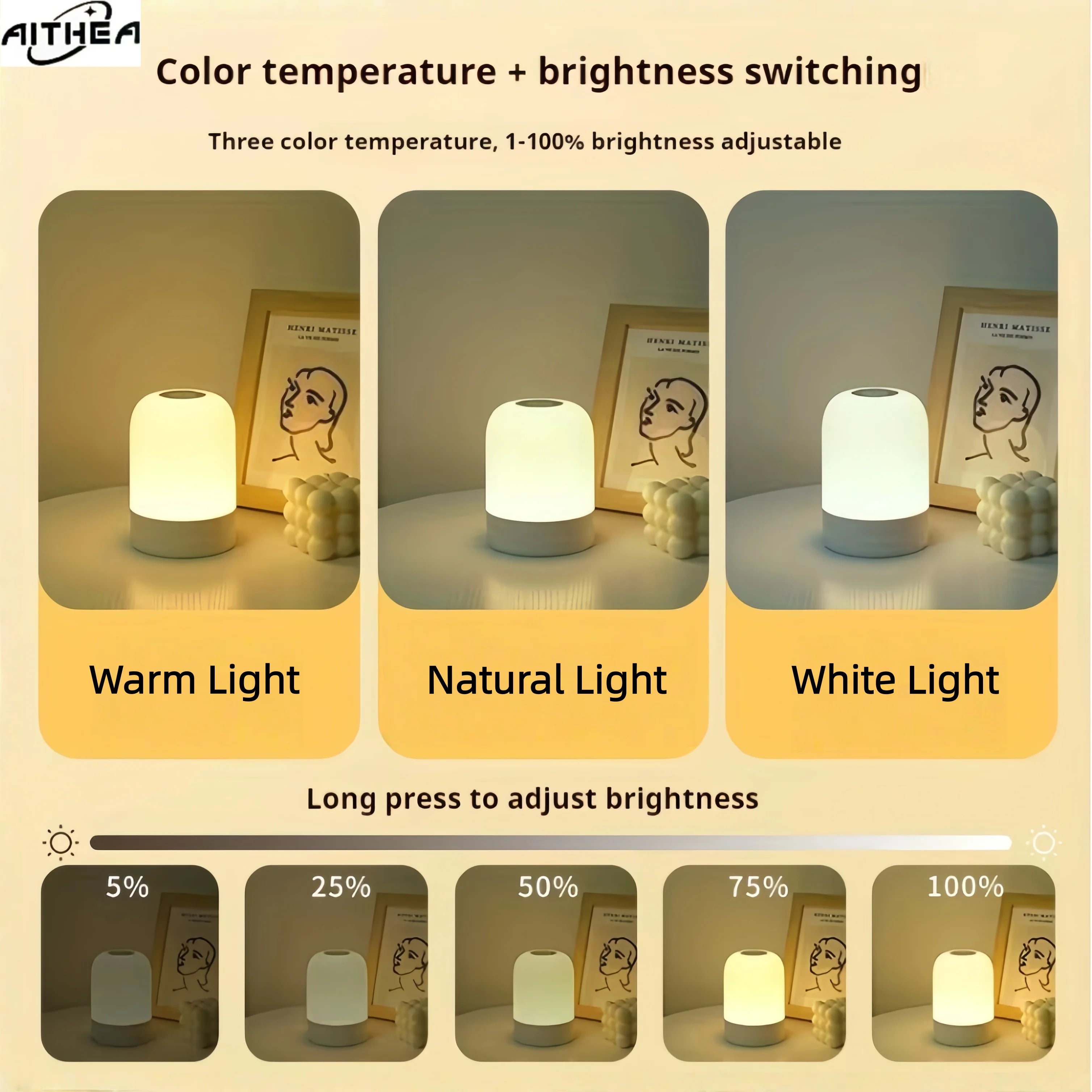 AITHEA Led Night Lights Bedside Dimmable Charging Night Lamps Bedroom Bedside Lighting Decoration Touch Led Reading Table Lamp