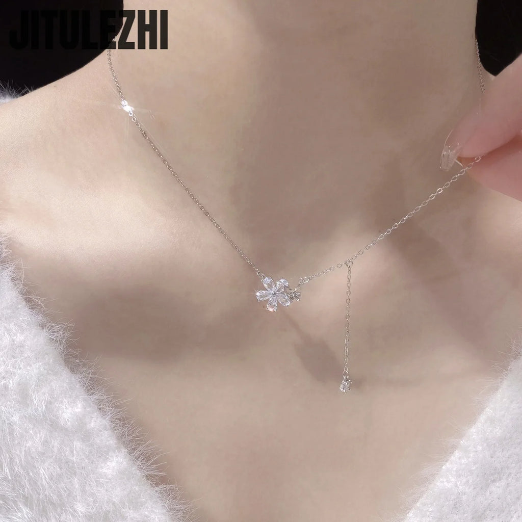 Trendy 925 Sterling Silver Pendant Necklace For Women Butterfly Flower Shape Pendant Sparkling Zircon Party Silver Fine Jewelry