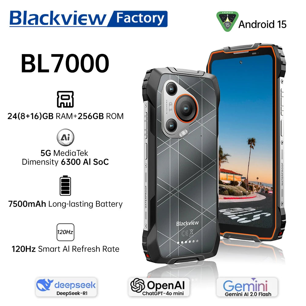 BLACKVIEW BL7000 5G AI Rugged Phone Deepseek GPT Android 15 Smartphone, 6.78" HD+2.4K Display 120Hz, 8GB RAM 256GB, 7500Amh