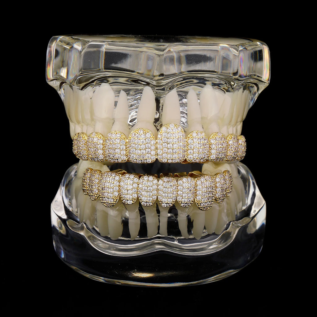 TOPGRILLZ Iced Out 10 Top &10 Bottom 5A CZ Stones Teeth Grillz Punk Rapper 14K Gold Plated Zircon Tooth Caps For Mouth Jewelry