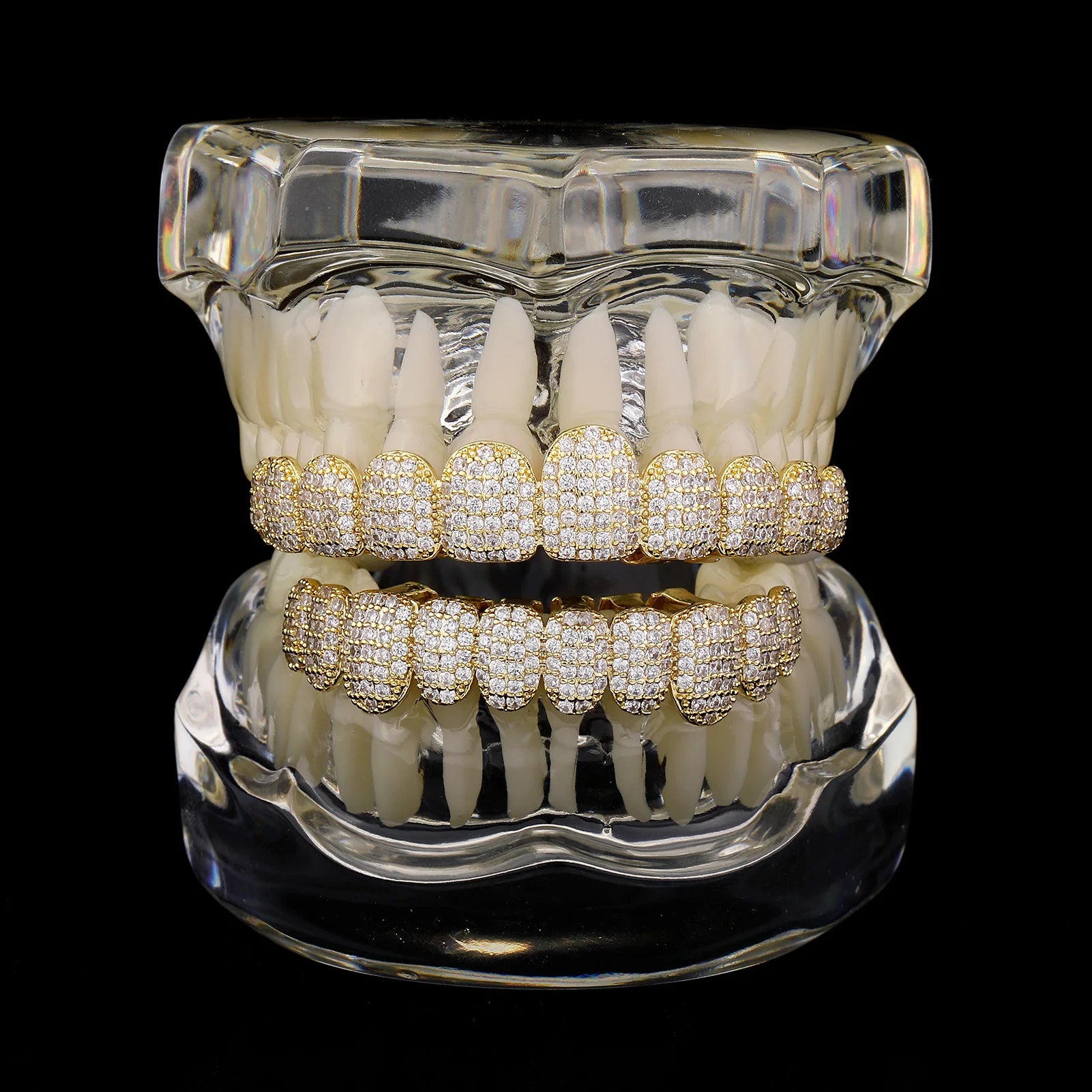 TOPGRILLZ Iced Out 10 Top &10 Bottom 5A CZ Stones Teeth Grillz Punk Rapper 14K Gold Plated Zircon Tooth Caps For Mouth Jewelry