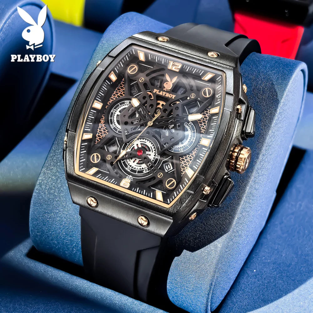 PLAYBOY Watches Man Waterproof Luminous Tonneau Skeleton Quartz Wristwatch Watches For Man Original Business Luxury 3087