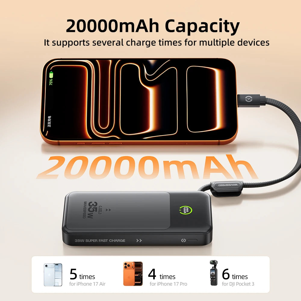 【CCC】MOVESPEED P20 Blade-Shape Battery Power Bank 20000mAh 35W Fast charging Powerbank External Charger for iPhone 17Pro Samsung