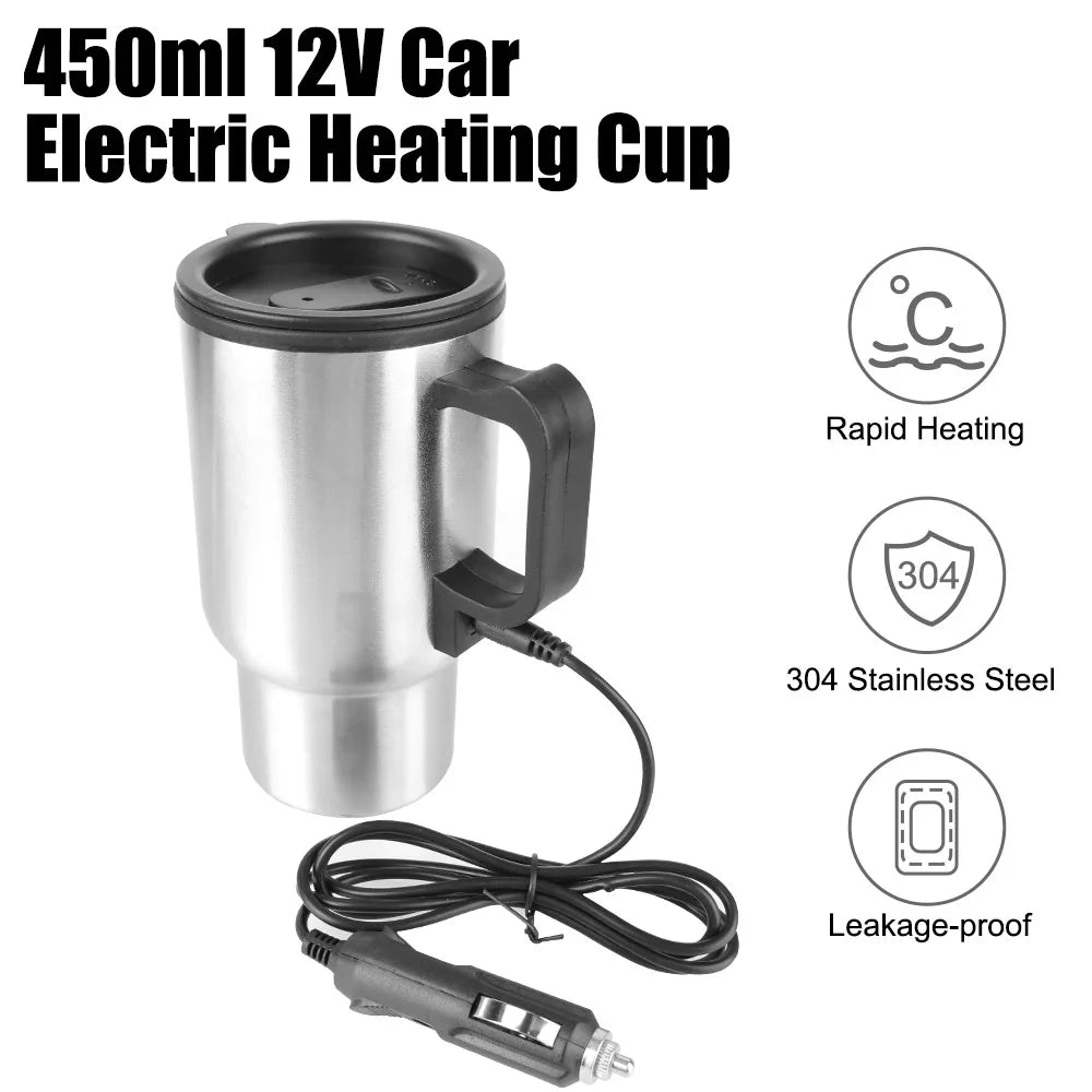 Vehicle Heating Cup Stainless Steel Electric Heating Car Kettle Water Coffee Milk Thermal Mug 12V 450ml Camping Travel Kettle