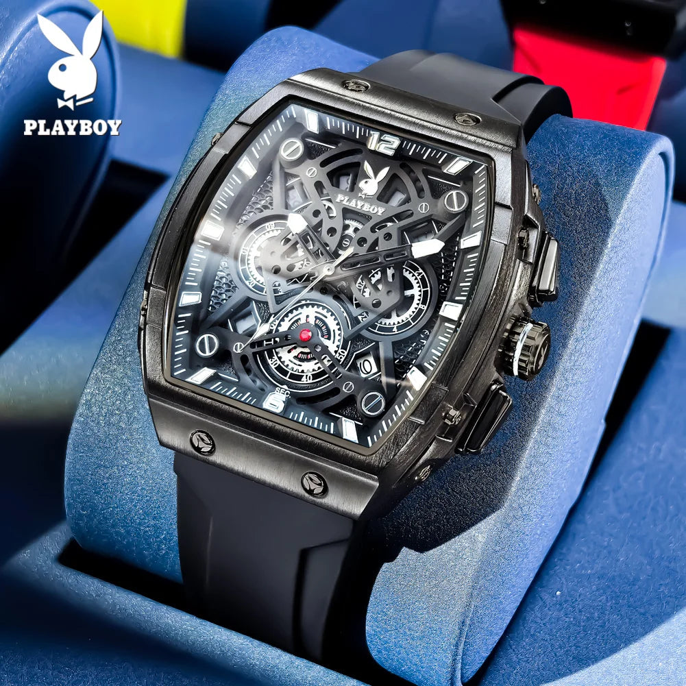 PLAYBOY Watches Man Waterproof Luminous Tonneau Skeleton Quartz Wristwatch Watches For Man Original Business Luxury 3087