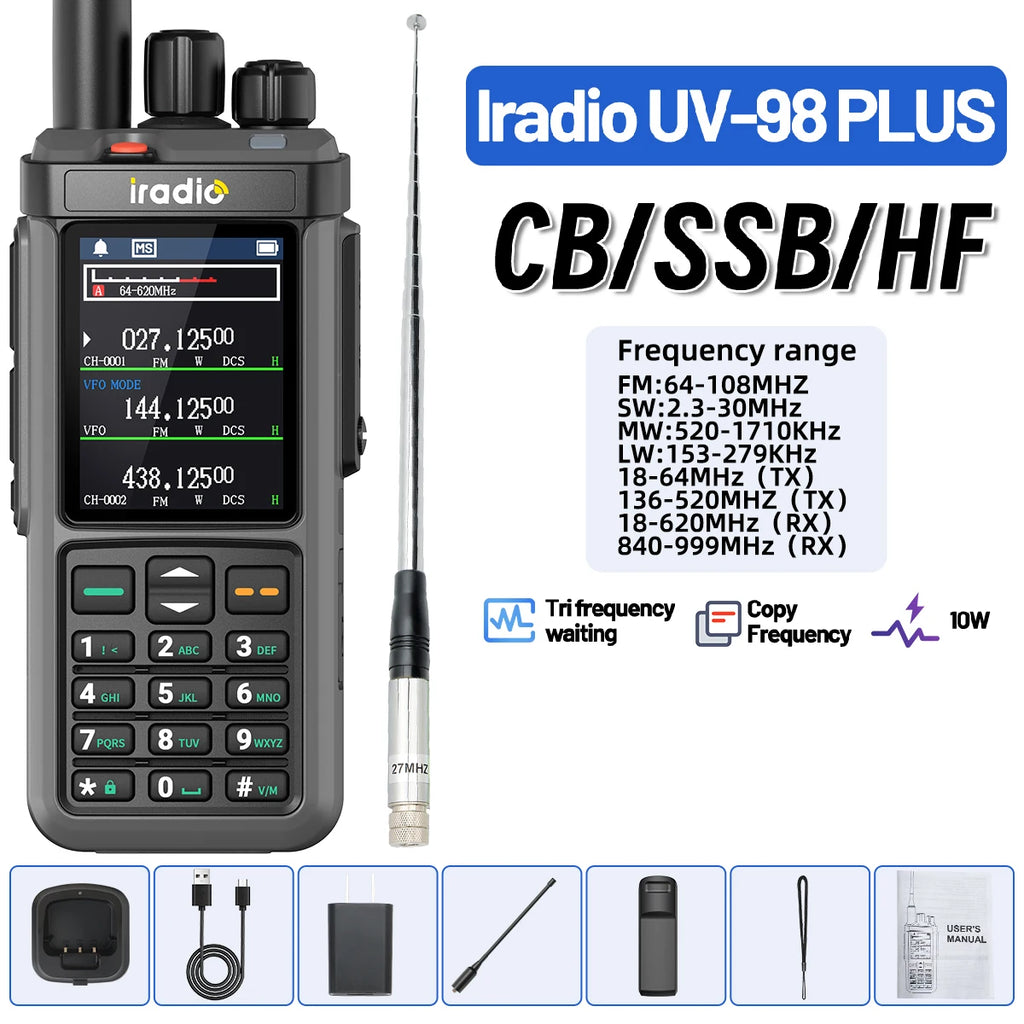 Iradio UV-98 PLUS Multi Band 10W FM AM SSB HF Cross Band Repeater 2.4"Large Screen Walkie Talkie Shortwave Ham Radio For RT-880