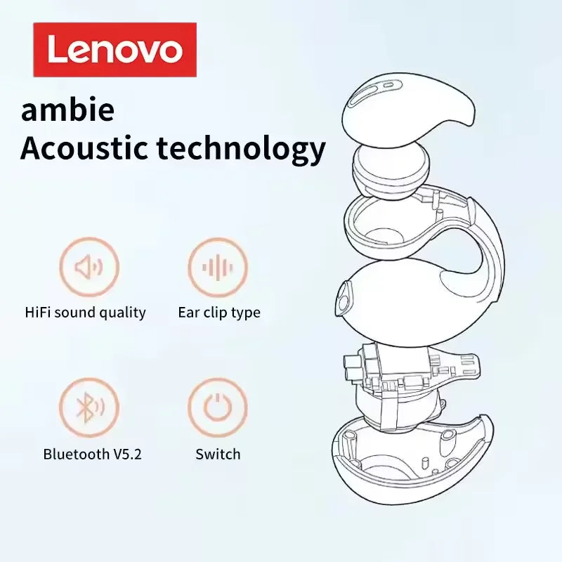Lenovo Open-back Wireless Bluetooth Headphones, Clip-on Sports Headphones, HiFi Sound Quality, Noise Cancellation, Waterproof