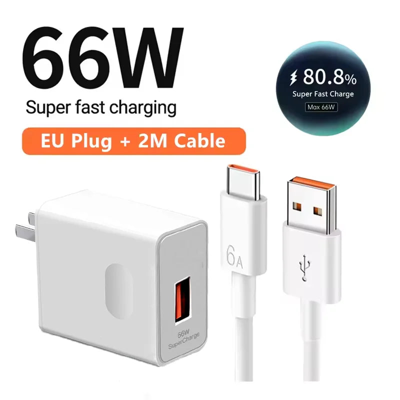 Quick Charge 3.0 USB Charger 66W 6A Super Fast Charging Phone Charger Adapter USB Type C Cable for Huawei Mate 40 50 60 P50 P60