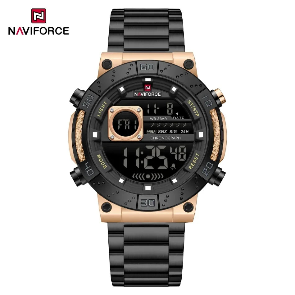 NAVIFORCE Men's Watch Luxury Night Light Watch Business Waterproof Stainless Steel Strap LCD Digital Display Movement Boy Clock