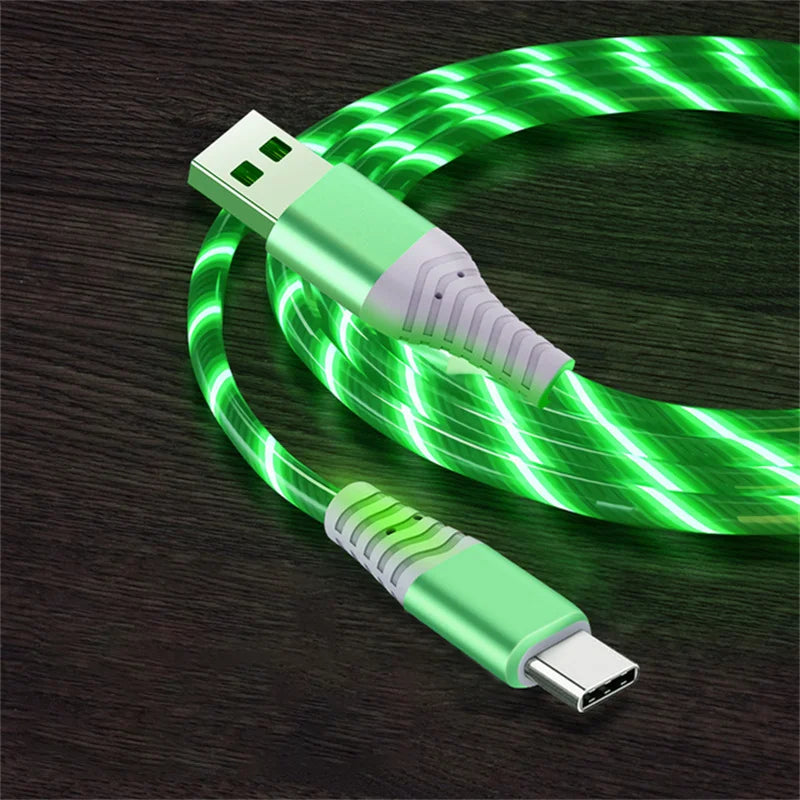 3A Glowing Cable Flowing LED light Micro USB Type C Cables For Samsung iPhone 13 Xiaomi Huawei Mobile Phone Charging Wire Cord