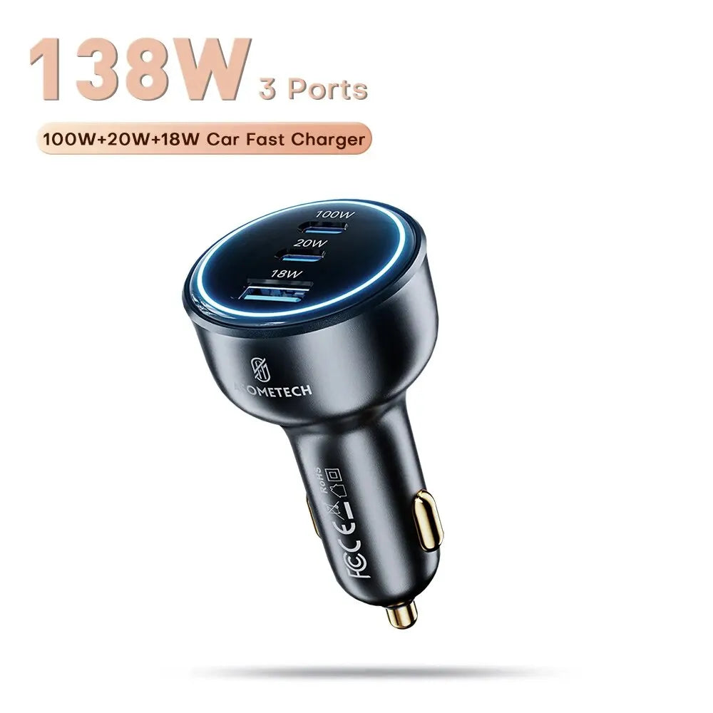 ASOMETECH 138W Car Charger USB Type C GaN Charger 100W 65W 45W 20W PPS PD QC3.0 Quick Charger For Laptop iPhone 15 Samsung S23