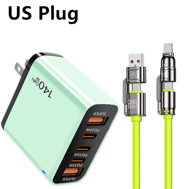 4-in-1 Type C Cable USB C PD Fast Charger 5 Ports Quick Charge Phone Adapter For iPhone Samsung Xiaomi Huawei OPPO Wall Charger