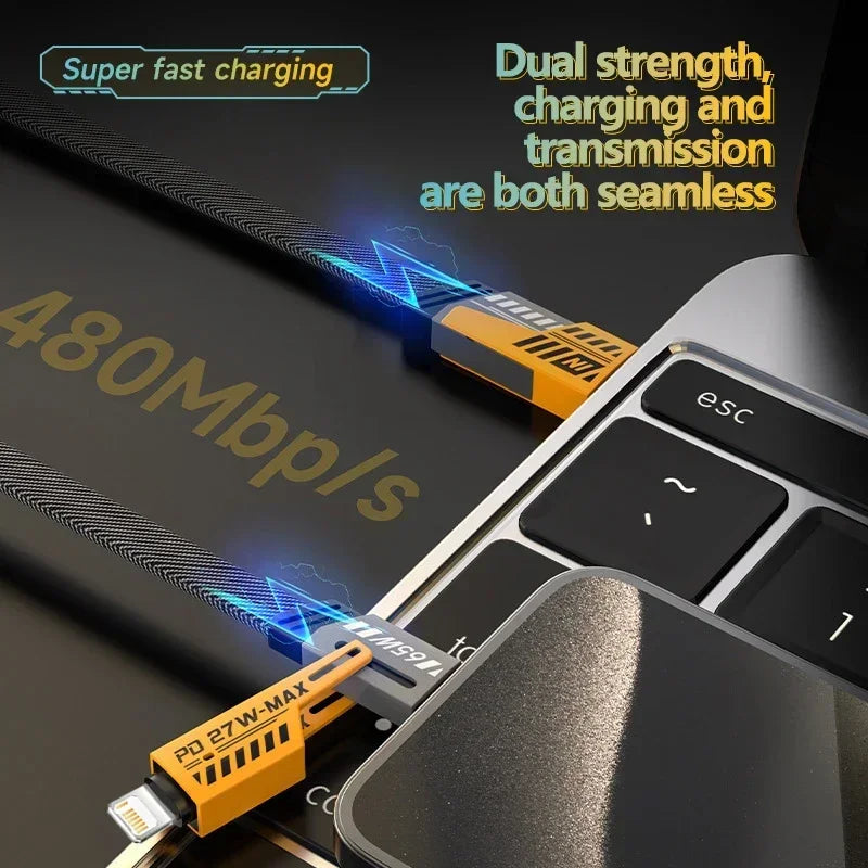 4-in-1 Mecha Fast Charging Cable – 65W USB-C Multi-Port for iPhone, Samsung, Xiaomi & Huawei