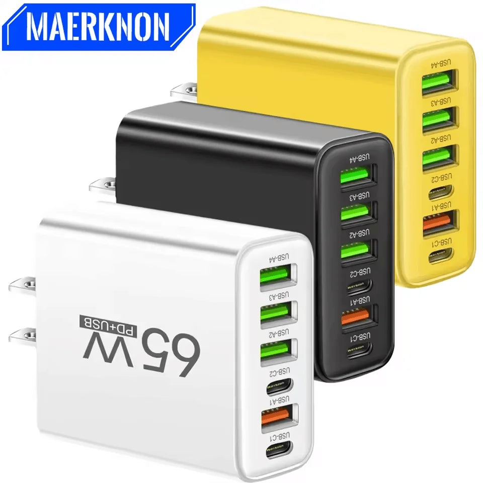 Multi Ports 65W USB Charger Fast Charging Type C Phone Charger Adapter For iPhone Samsung Xiaomi Huawei EU/US Plug Wall Charger