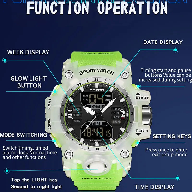 SANDA Dual Display Men Watches Waterproof Sports Watch Military Man Alarm Stopwatch Quartz Wristwatch Male LED Digital Clock6126