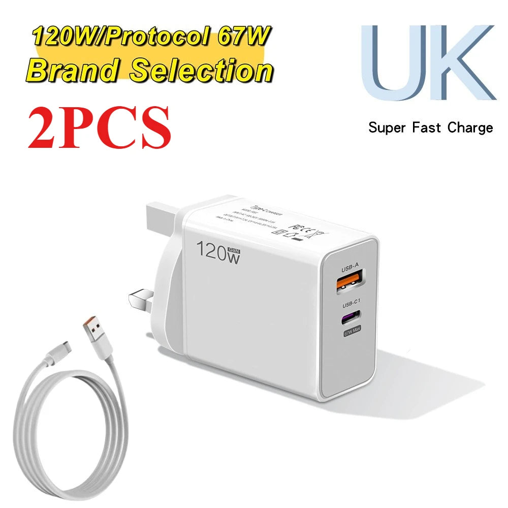 120W USB Fast Charger With Type C Cable Fast Charging Adapter For iPhone 16 Samsung Xiaomi Huawei PD Cell Phones Quick Charger