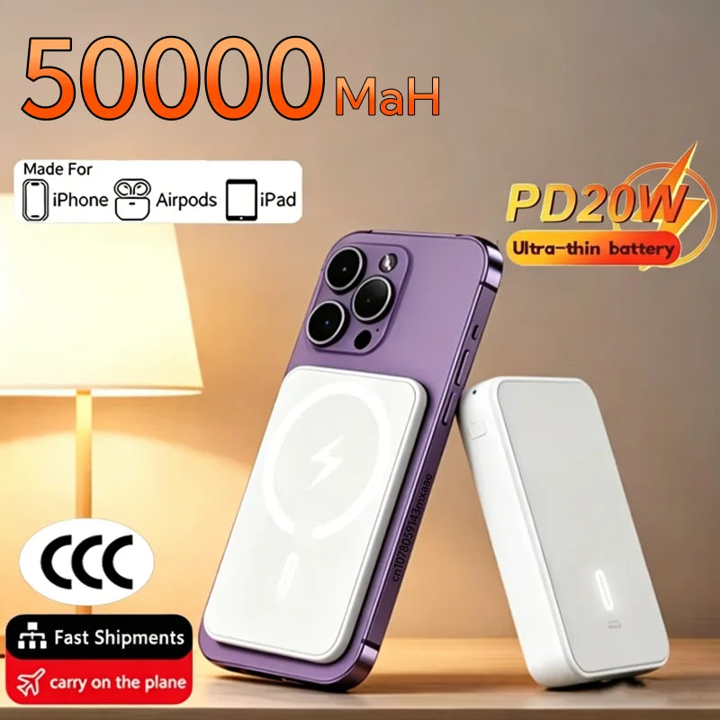 50000mAh Wireless Magnetic Power Bank Charger Fast Charging Portable Charger External Spare Battery For Apple iPhone Android