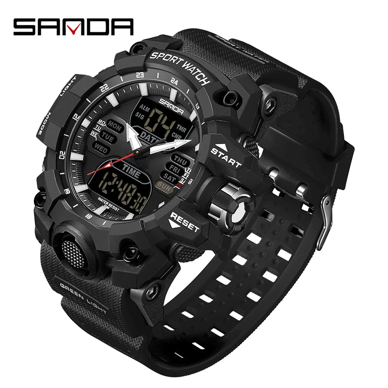 SANDA Dual Display Men Watches Waterproof Sports Watch Military Man Alarm Stopwatch Quartz Wristwatch Male LED Digital Clock6126