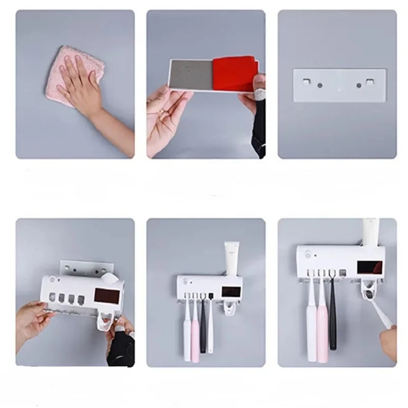 UV Sterilizer Toothbrush Holder Multifunctional Toothpaste Dispenser Wall Mount Smart Toothbrush Storage Box with UV Disinfectio