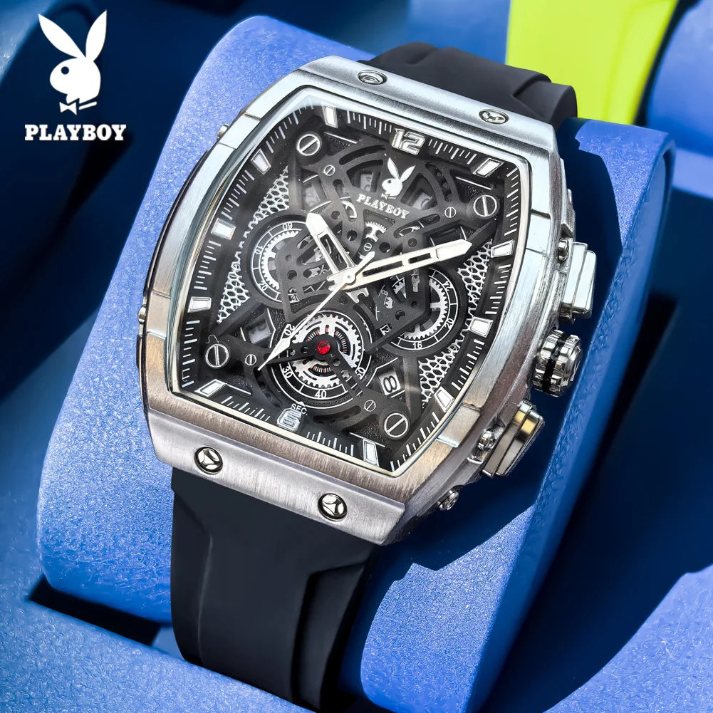 PLAYBOY Watches Man Waterproof Luminous Tonneau Skeleton Quartz Wristwatch Watches For Man Original Business Luxury 3087