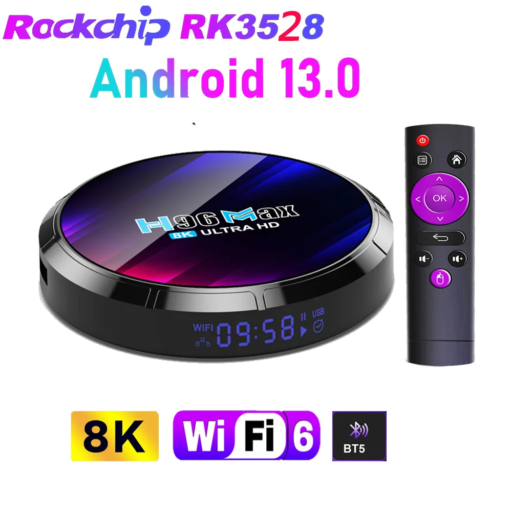 H96 MAX RK3528 Android 13.0 Quad Core 8K HDR LAN 100M WIFI6 BT5.0 Voice Assistant Global Language Media Player Smart TV Box