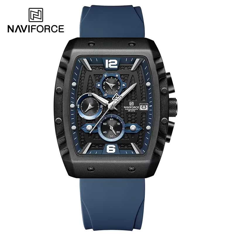 NAVIFORCE Creative Barrel-Shaped Dial Men Watches Fumed Silica Strap Waterproof Quartz Chronograph Date Display Male Wrist Watch