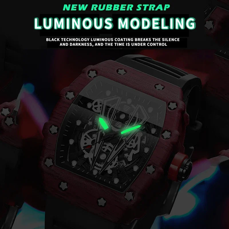 BINBOND Brand Men Watch Domineering Barrel Watch Curved Mirror Hollow Surface Sports Men Watch Silicone Quartz Wristwatch B8577