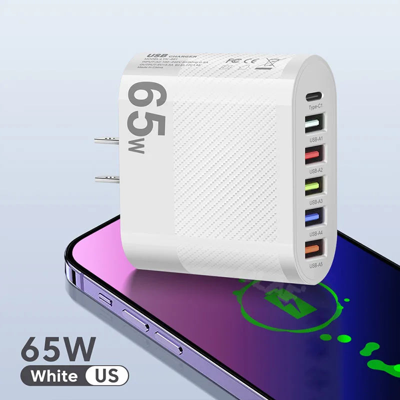 65W USB Charger 6 Ports Fast Charging PD Type C Charger Adpapter For iPhone Xiaomi Huawei Samsung QC 3.0 Fast Charge PD Charger