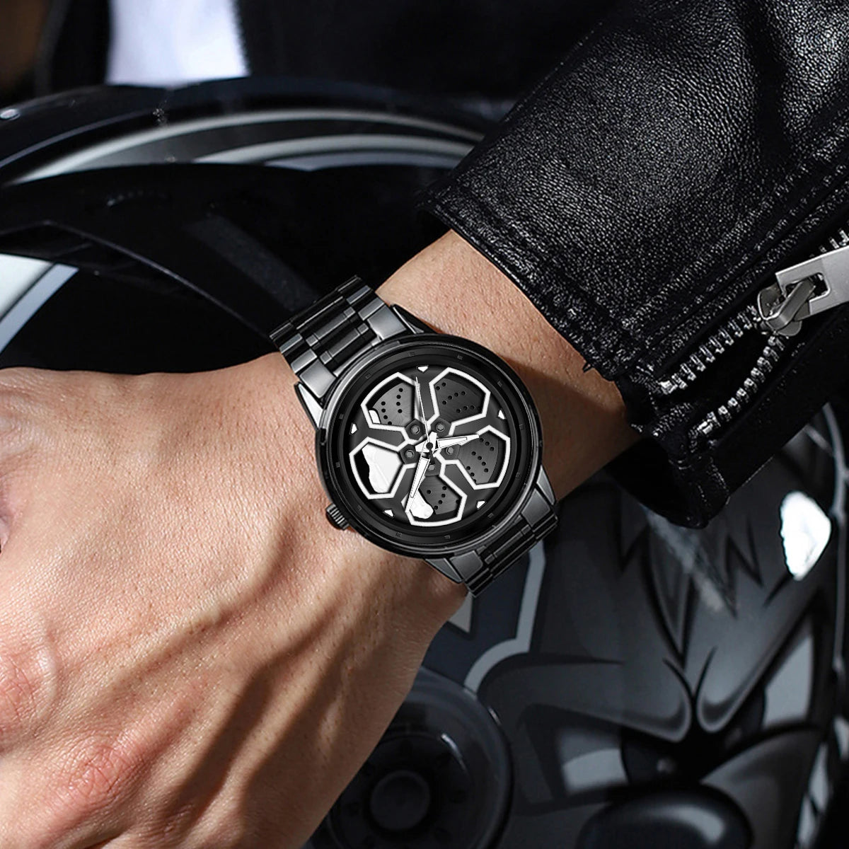 VA VA VOOM Brand Men Creative Wheel Turntable Watch Stainless Steel Black Quartz Movement 42mm Waterproof Sports Gift Wristwatch